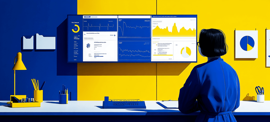 Health Care worker looking at screen with statistics