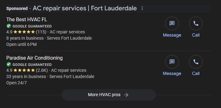 google local services ads for an hvac search