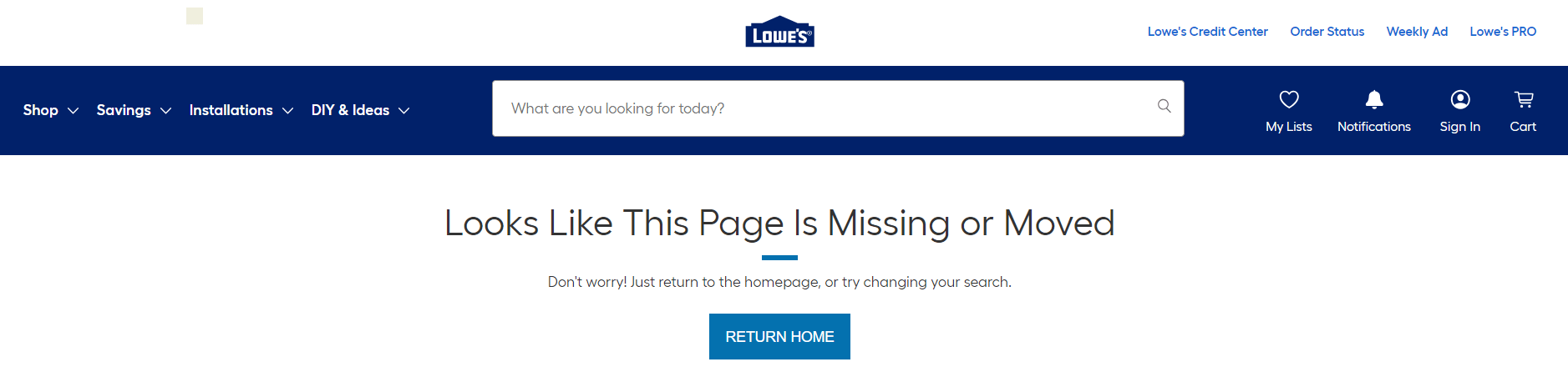 Screenshot of the 404 page for lowes.com