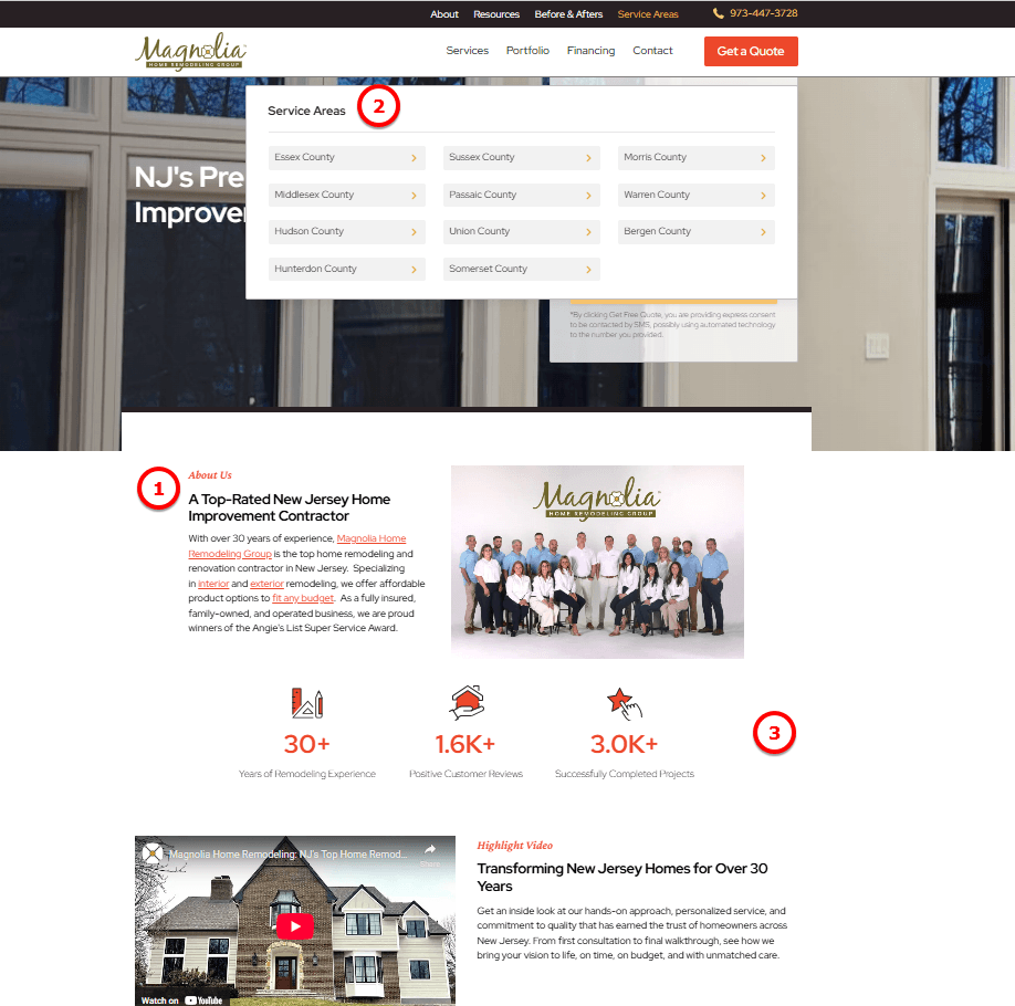 Contractor website structure showing an about us snippet, service pages, and credentials connected to the homepage