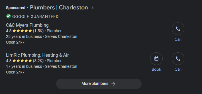 Local Services ads for a plumber in Charleston