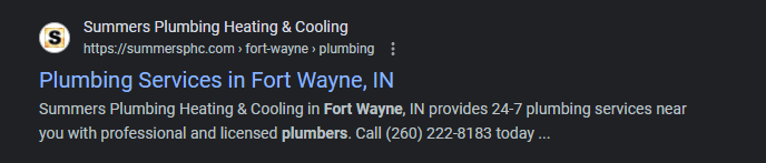 SEO listing for a Fort Wayne plumber