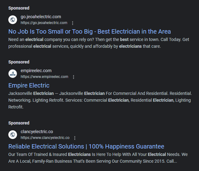PPC ads for electricians at the top of search results