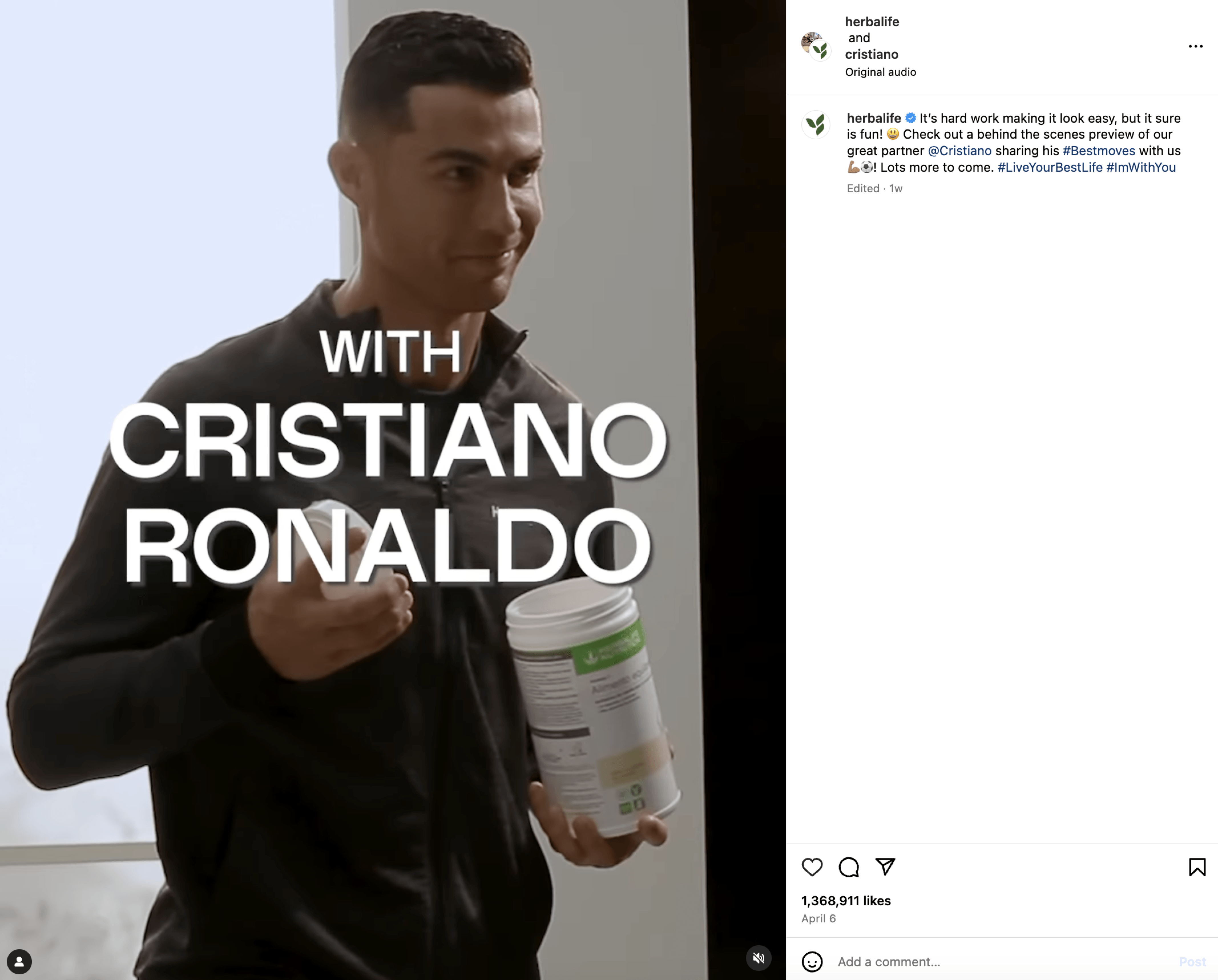 instagram post from christiano ronaldo partnering with herbalife