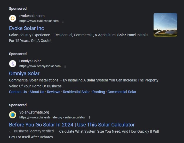 PPC ads for solar companies at the top of Google search results