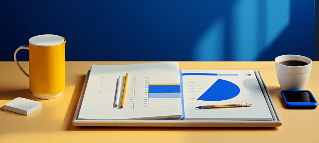 Book with graphs sitting on a table next to a mug and cup