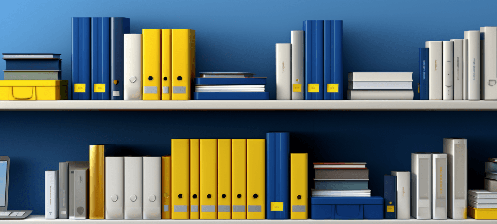 Yellow, blue, and white books on a bookshelf