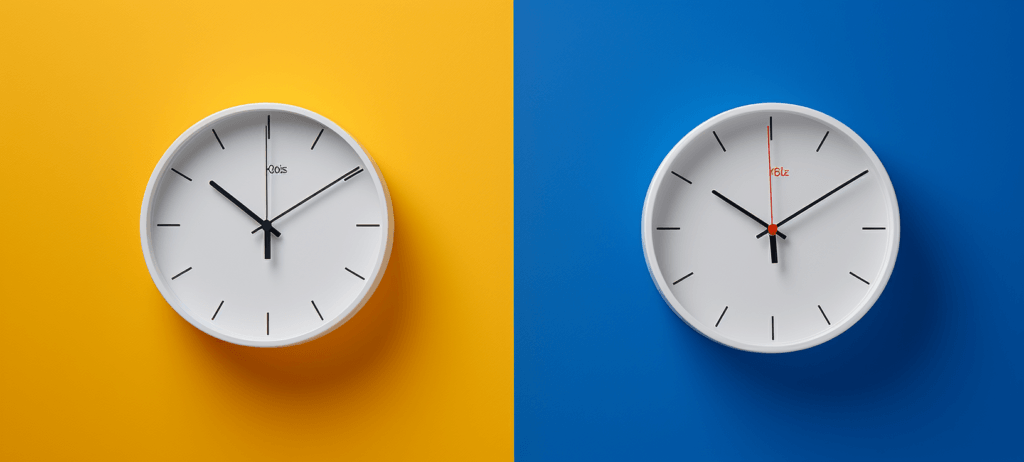 Two clocks on a yellow and blue wall