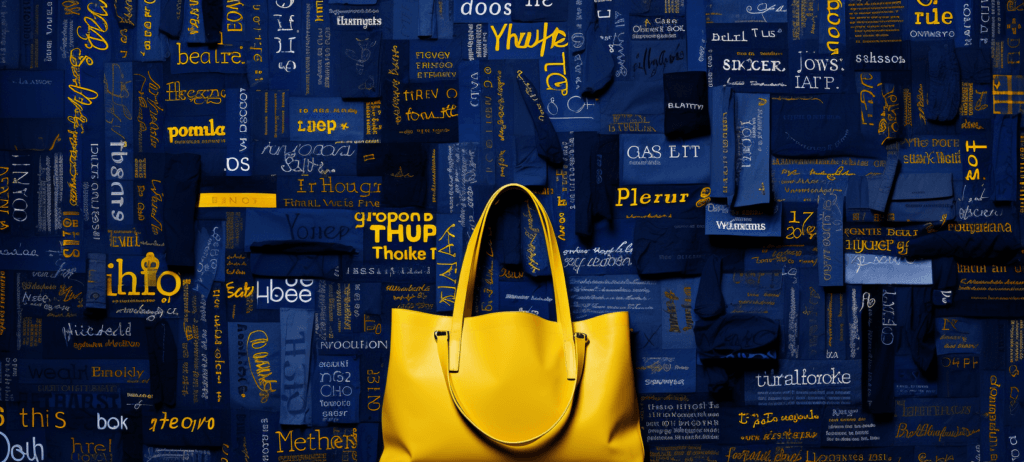 A yellow purse sitting in front of a background of words on a blue wall