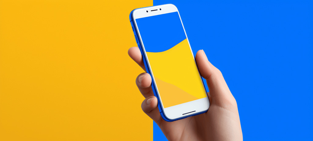 Person holding a cellphone with a blue and yellow screen