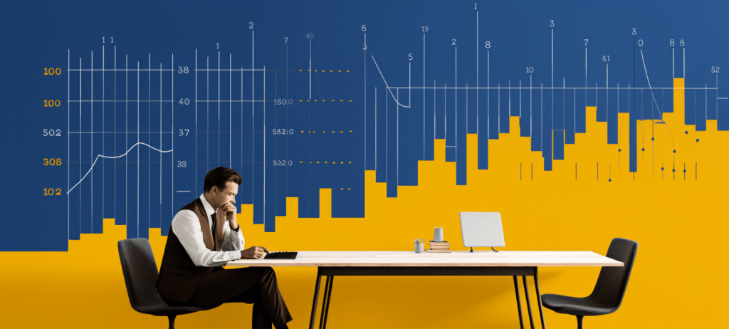 Man in a business suit sitting a table with graphs and numbers behind him