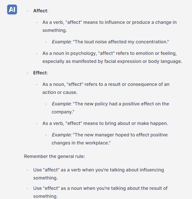 AI tool explaining the difference between affect and effect