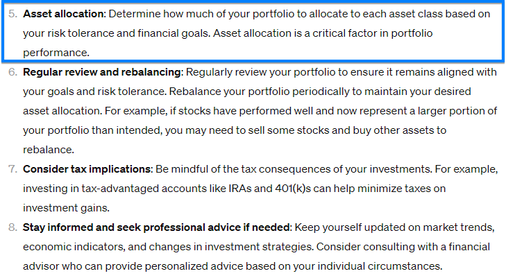 ChatGPT's explanation of how asset allocation works