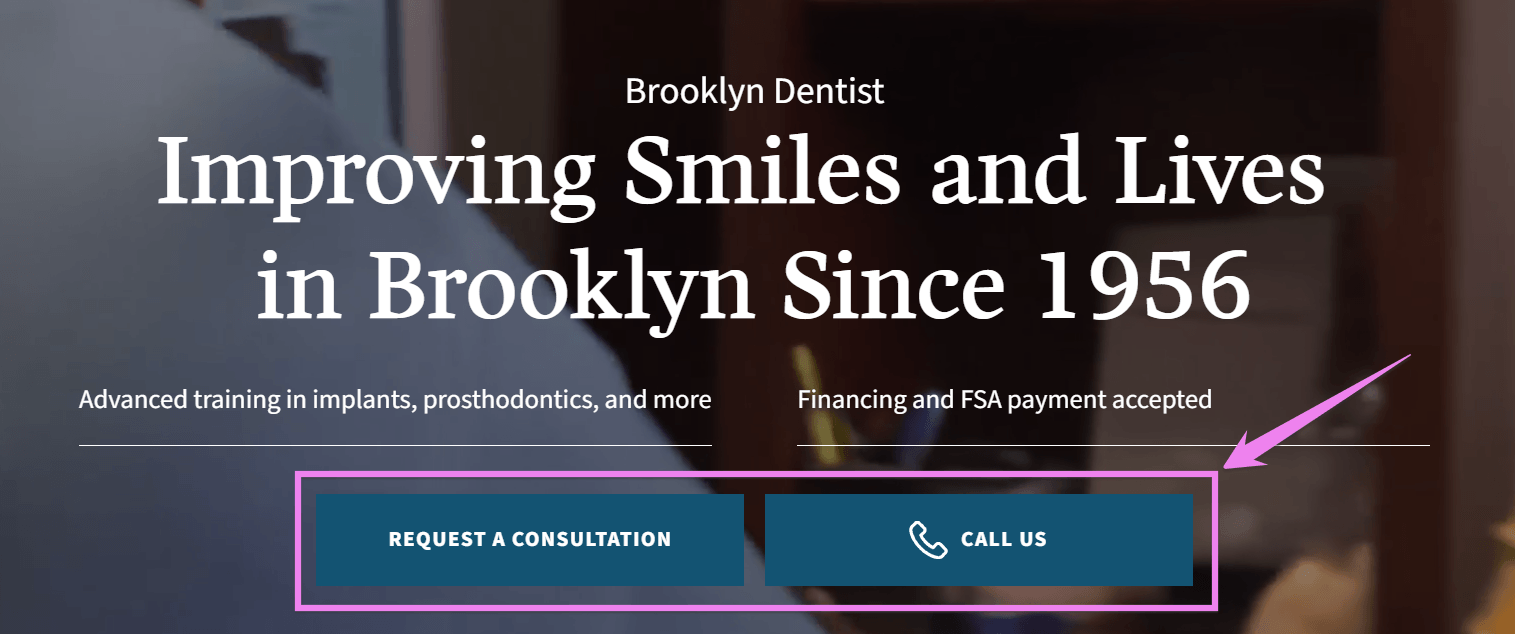 A dental website’s homepage with clear CTAs to book a consultation and give them a call