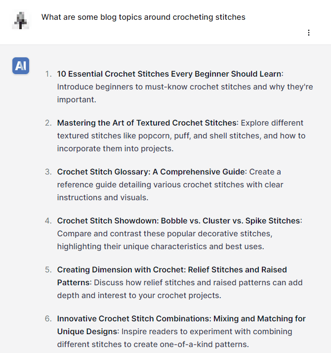 TeamAI listing content topics around crocheting