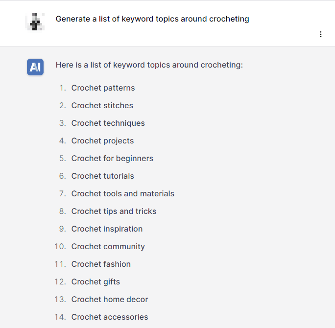 List of keywords generated from an AI tool