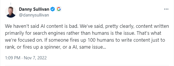 Tweet from Danny Sullivan about AI content