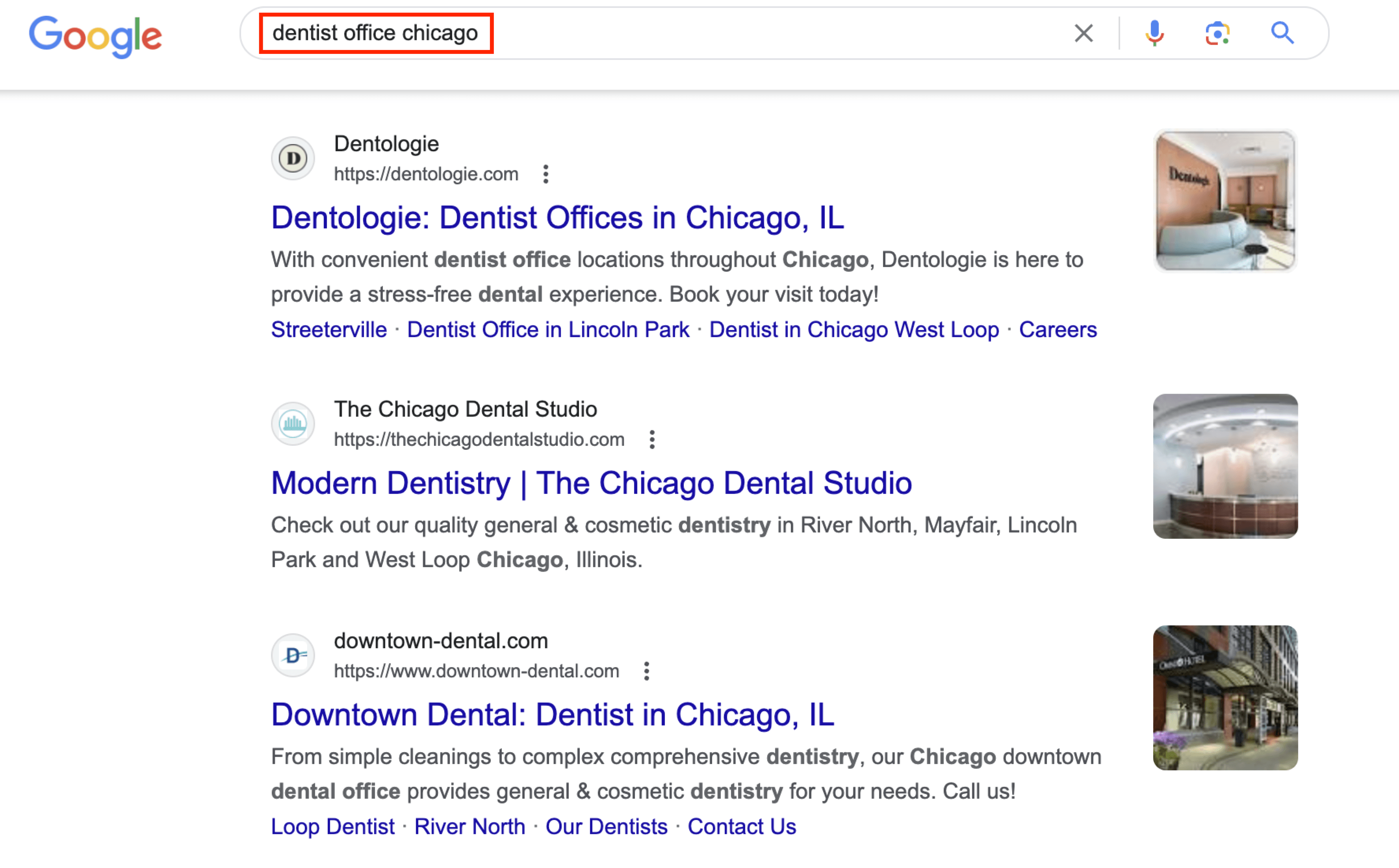 screenshot of search results list for "dentist office chicago"