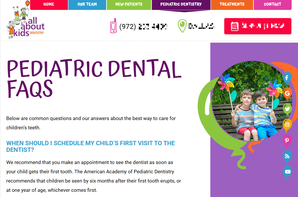 FAQ page from a pediatric dental practice