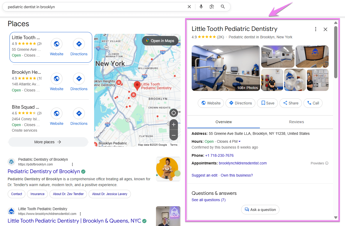 Google Business Profile of a dental practice in the SERPs