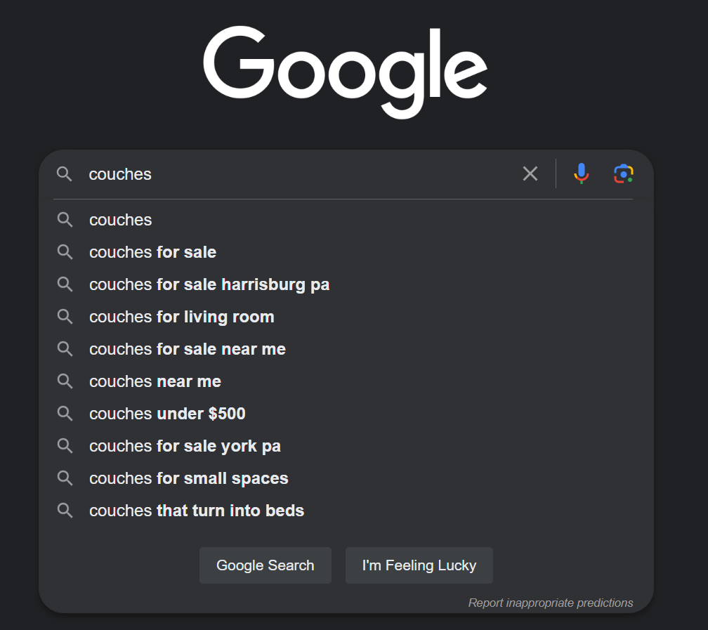 google autocomplete for a search about couches