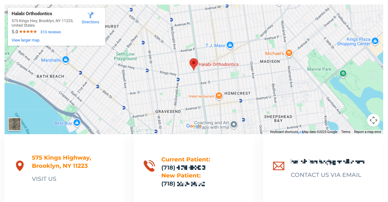 A contact page with an embedded Google Map, dental office’s address, and contact information