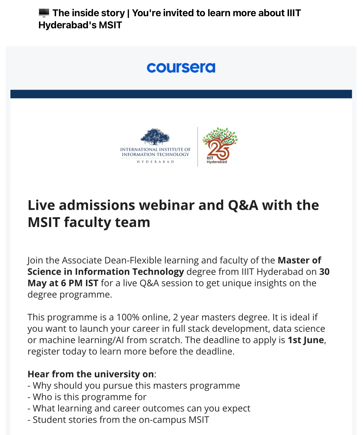newsletter email from coursera