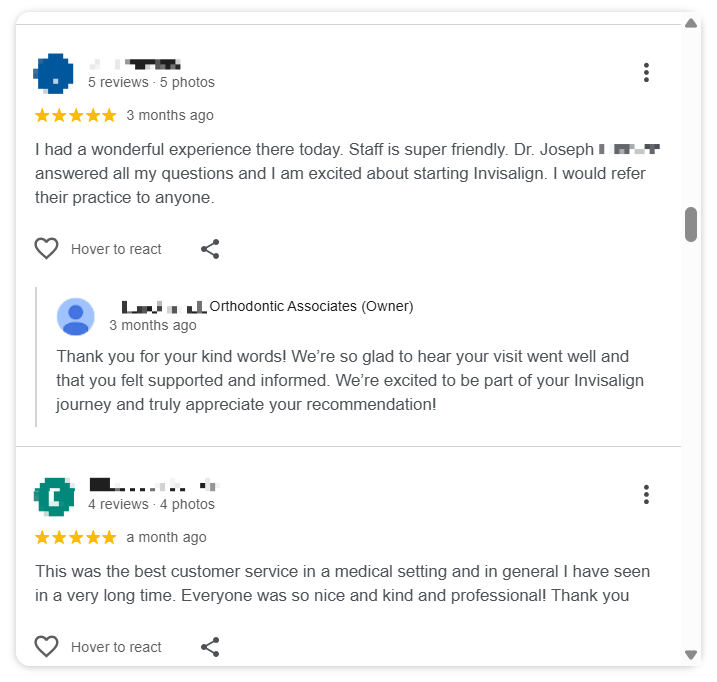 Google Maps reviews of a dental practice