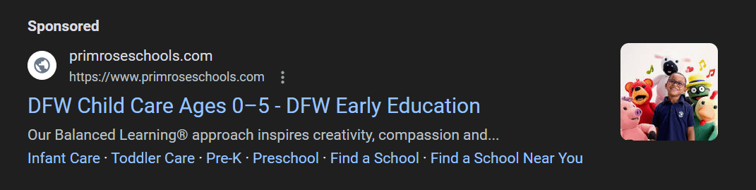 PPC ad for a childcare center in Dallas