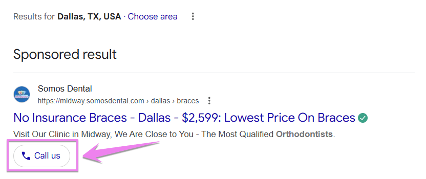 A Google search ad for the keyword “orthodontist in Dallas, TX” with an extension