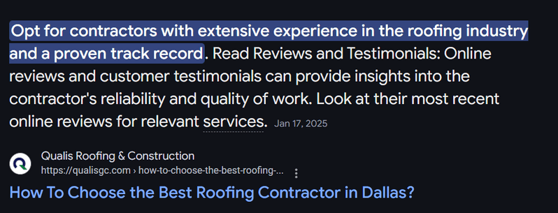 A featured snippet for a roofing company