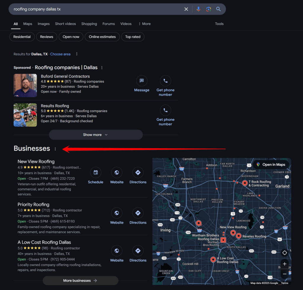 Local listings on Google for roofing companies