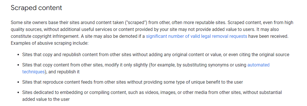 Google's scraped content policy