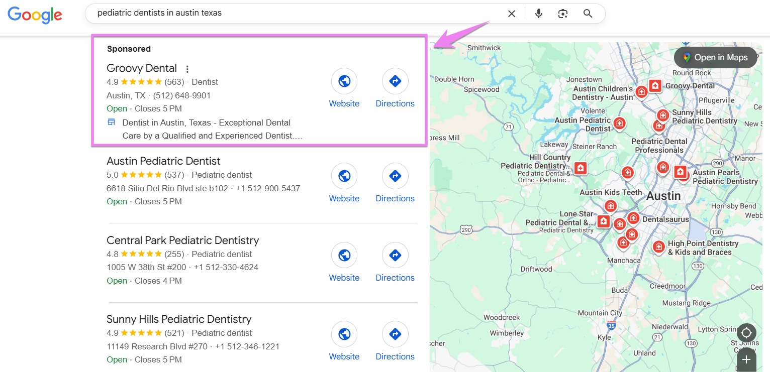 Sponsored ad on a local search for “pediatric dentists in Austin, Texas”