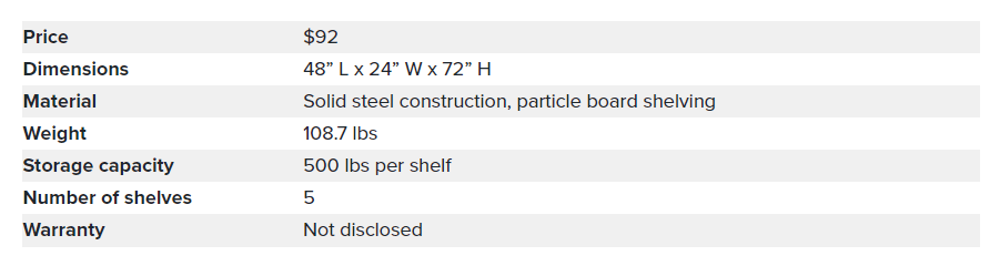 Storage rack dimensions