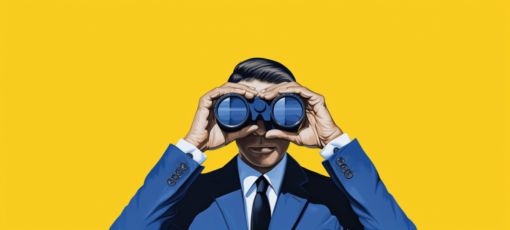 Man in a suit looking through binoculars