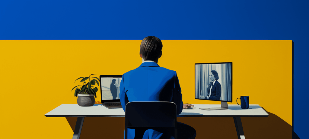 Man sitting at a desk watching a video on a computer
