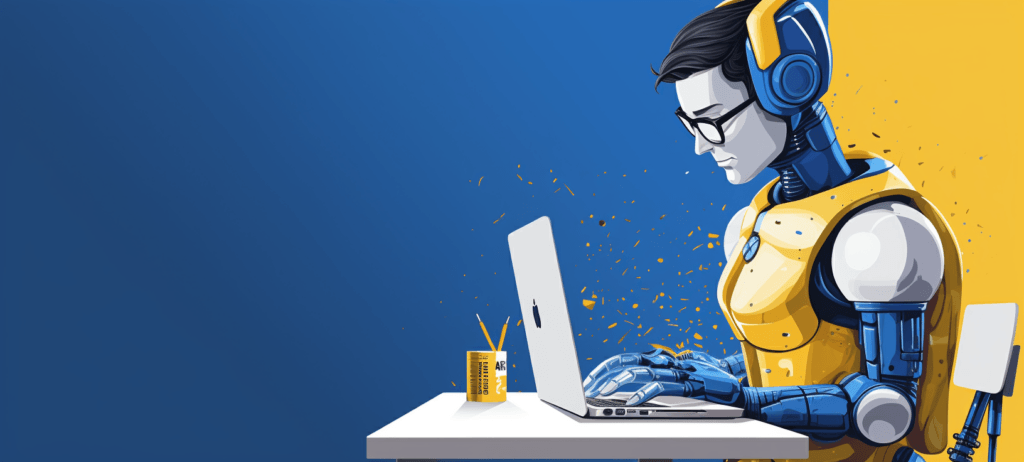 A half man half robot sitting at a desk typing on a computer
