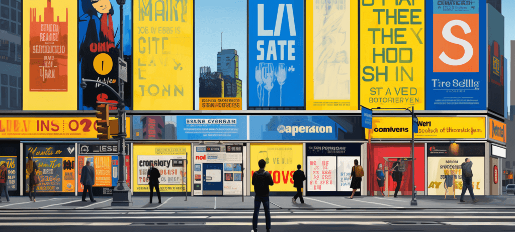 people standing in a city square with billboards