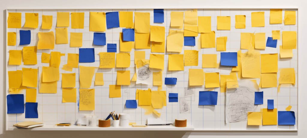 Wall of yellow and blue sticky notes
