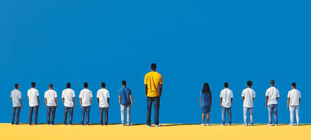 People standing in a row facing a wall with one person wearing a yellow shirt in the middle