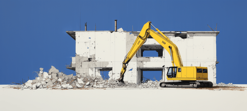 Heavy construction equipment in front a crumbled building