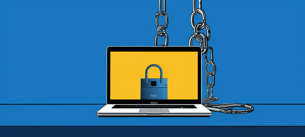 Laptop showing a padlock with a chain behind it