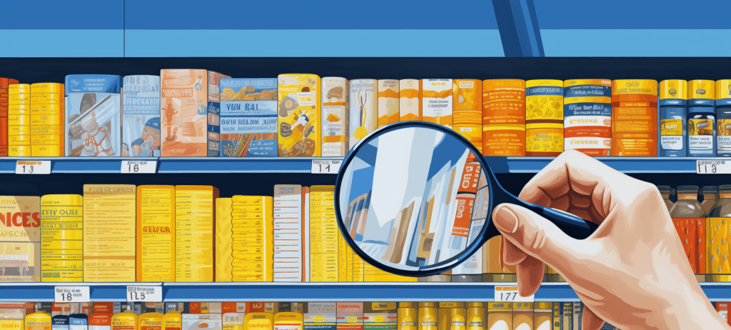 Person holding a magnifying glass and looking at a product shelf