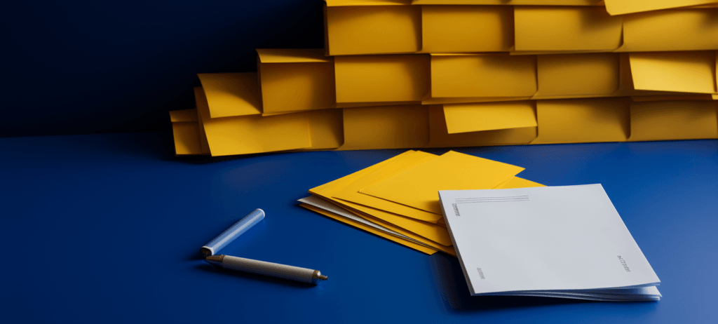 Stacks of paper and envelopes sitting on a desk