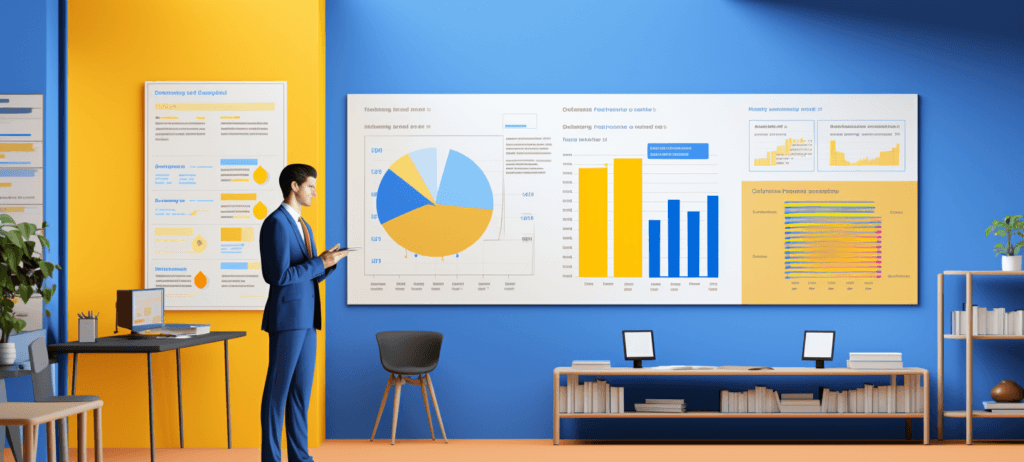 Business person standing next to pie charts and graphs on a wall