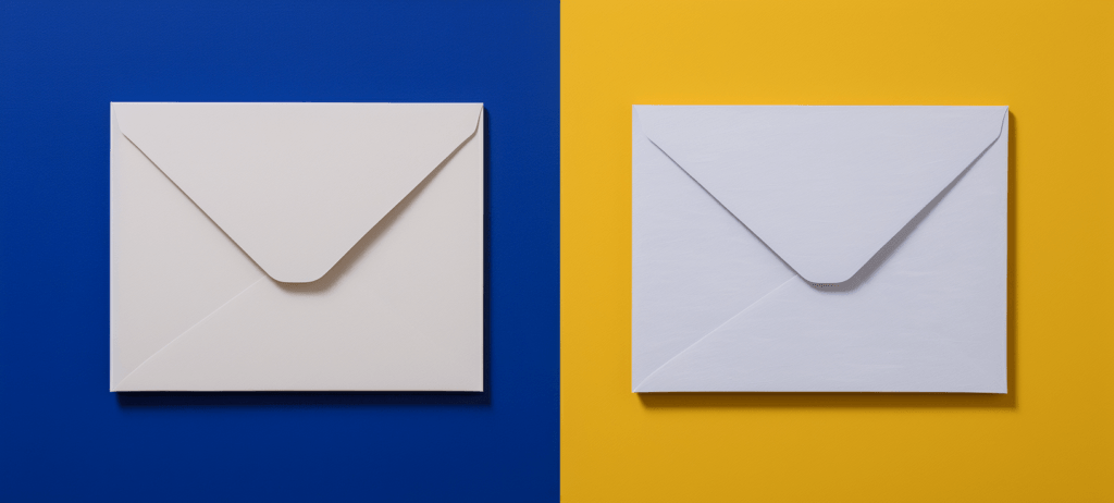Two envelopes on a blue and yellow wall