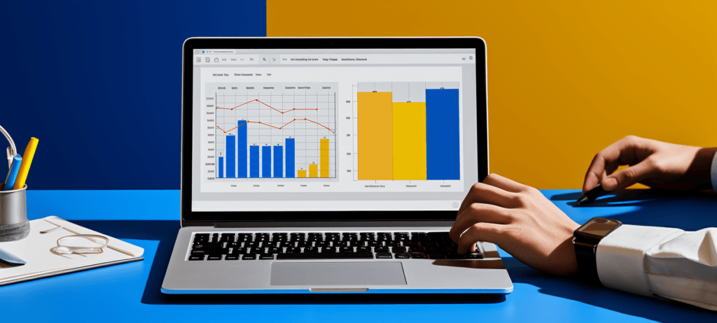 Laptop sitting on a table with data charts