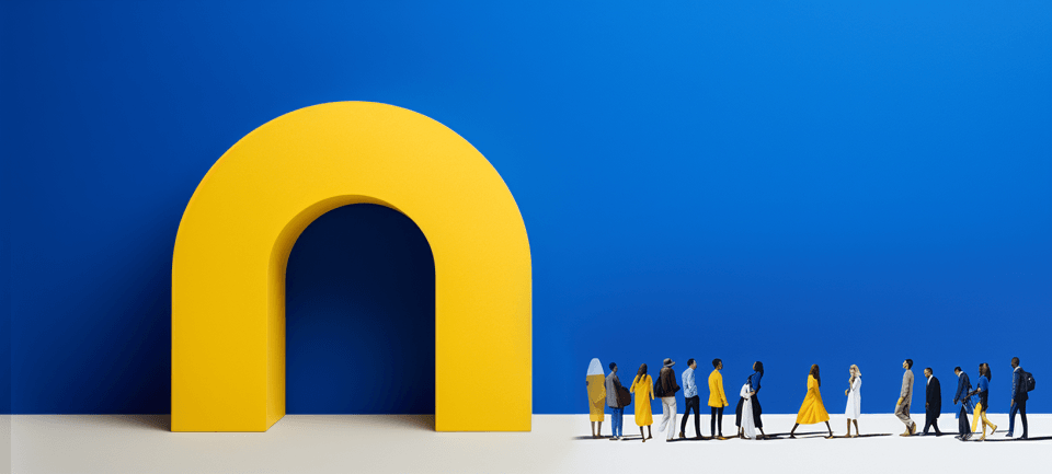 A giant u-shaped magnet standing next to a small line of people