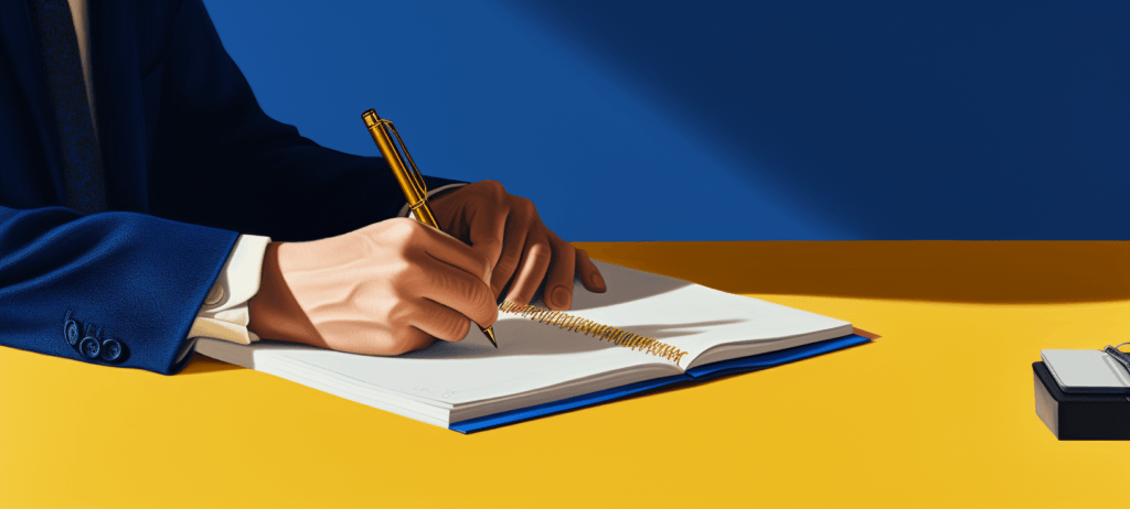Business person sitting a desk writing with a pencil in a notebook